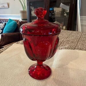 Viking‎ Glass Ruby Red 6-Petal Glass Compote Pedestal Jar with Cover Vintage